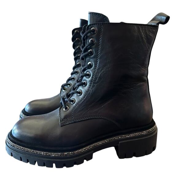 Aqua Aria Leather Combat Boots Rhinestone Trim Lace Up NEW Size 5 - Picture 7 of 11